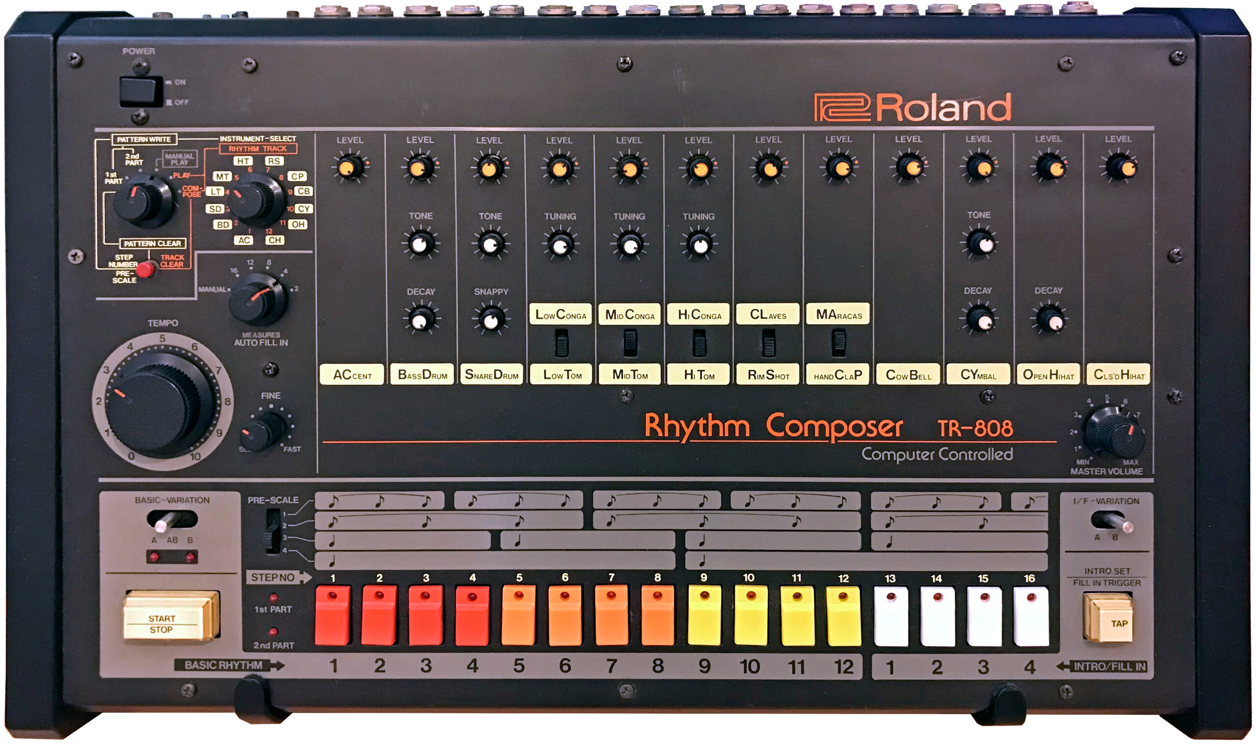 Roland TR 808 rhythm composer displayed in a museum case in Phoenix