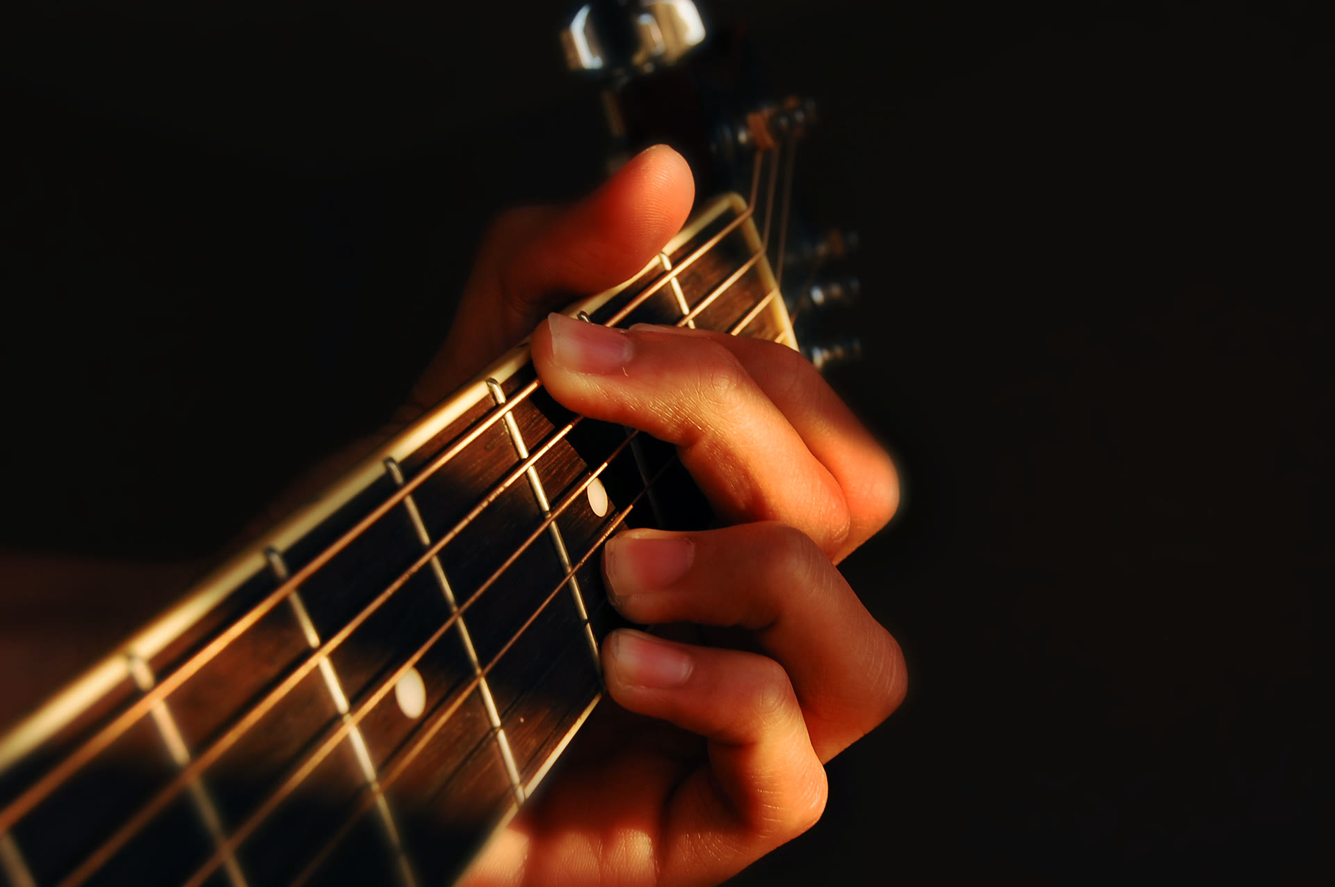 Fingerstyle guitar hands mood photo. Not a named Darwin player. Photo Vincent Lock. License CC BY 2.0.