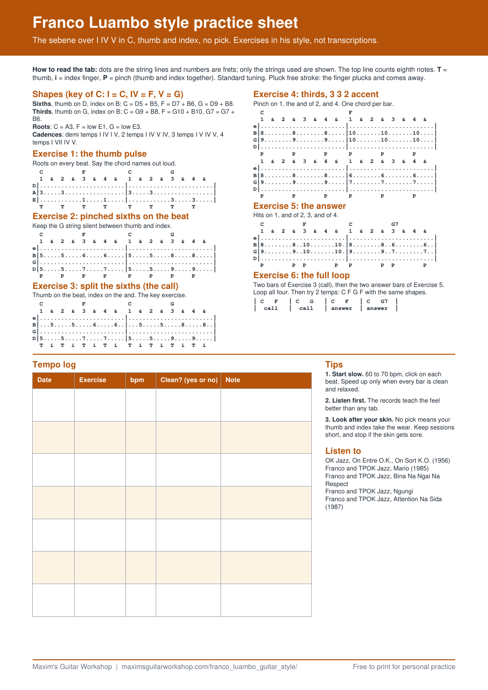 Preview of the free Franco Luambo practice sheet with sebene tab, chord shapes and a tempo log