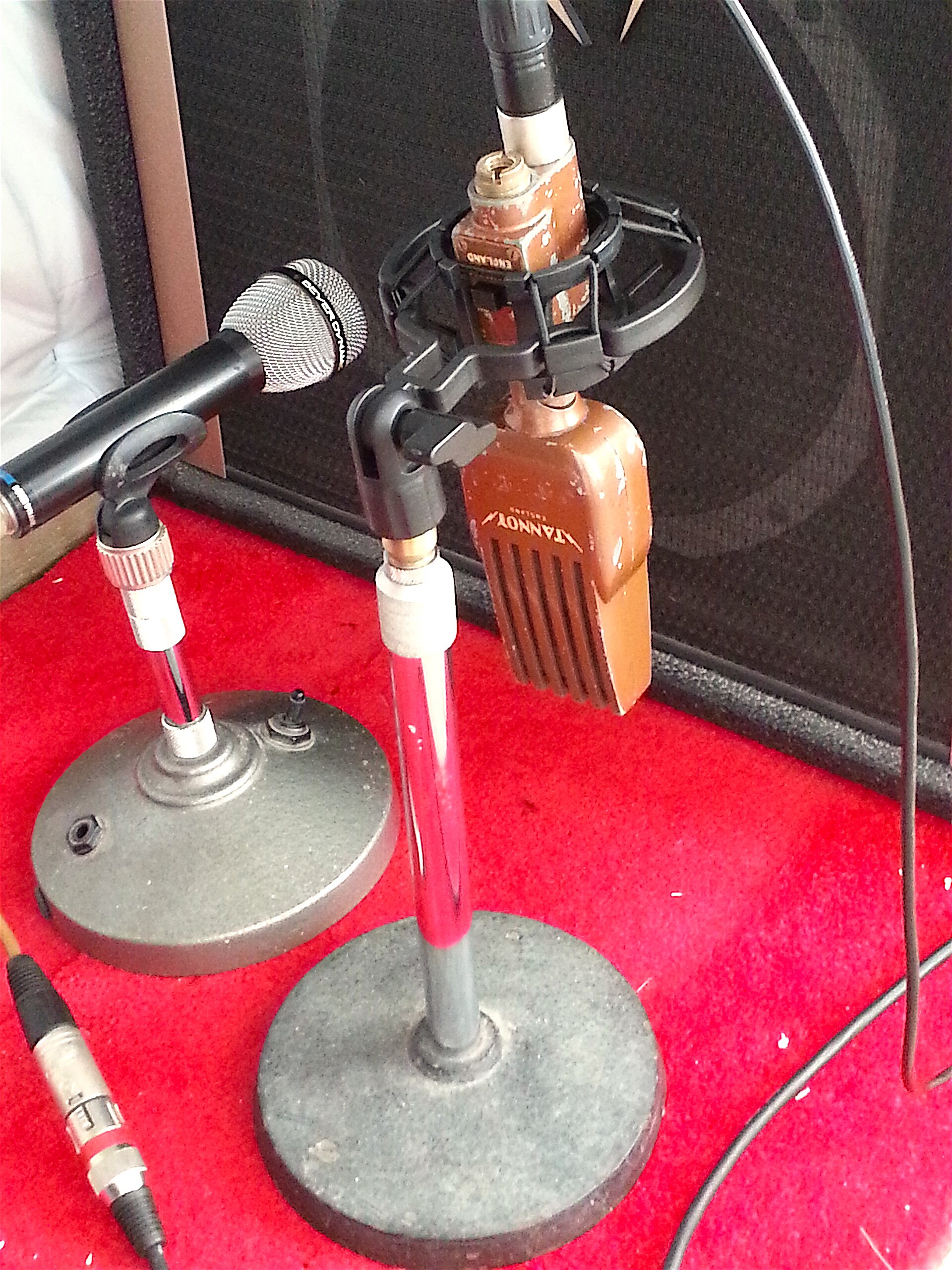 A ribbon microphone and a dynamic microphone set up in front of a guitar amp cabinet for recording