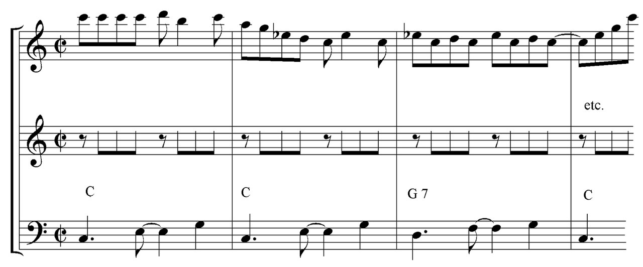 Notation of two interlocking guitar parts and a bass line over C and G7 from the OK Jazz song Passi ya boloko