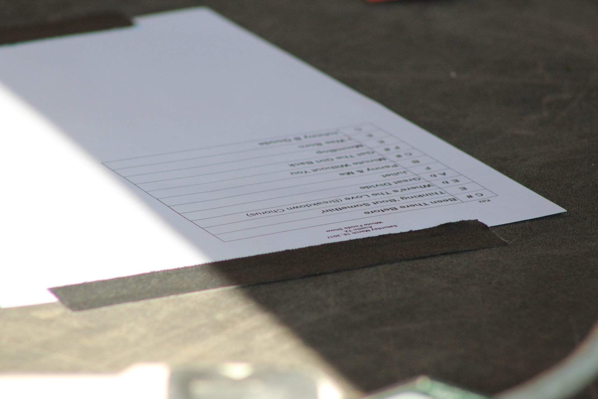 A printed setlist taped to a dark stage floor with gaffer tape, ready for the band to read during the show